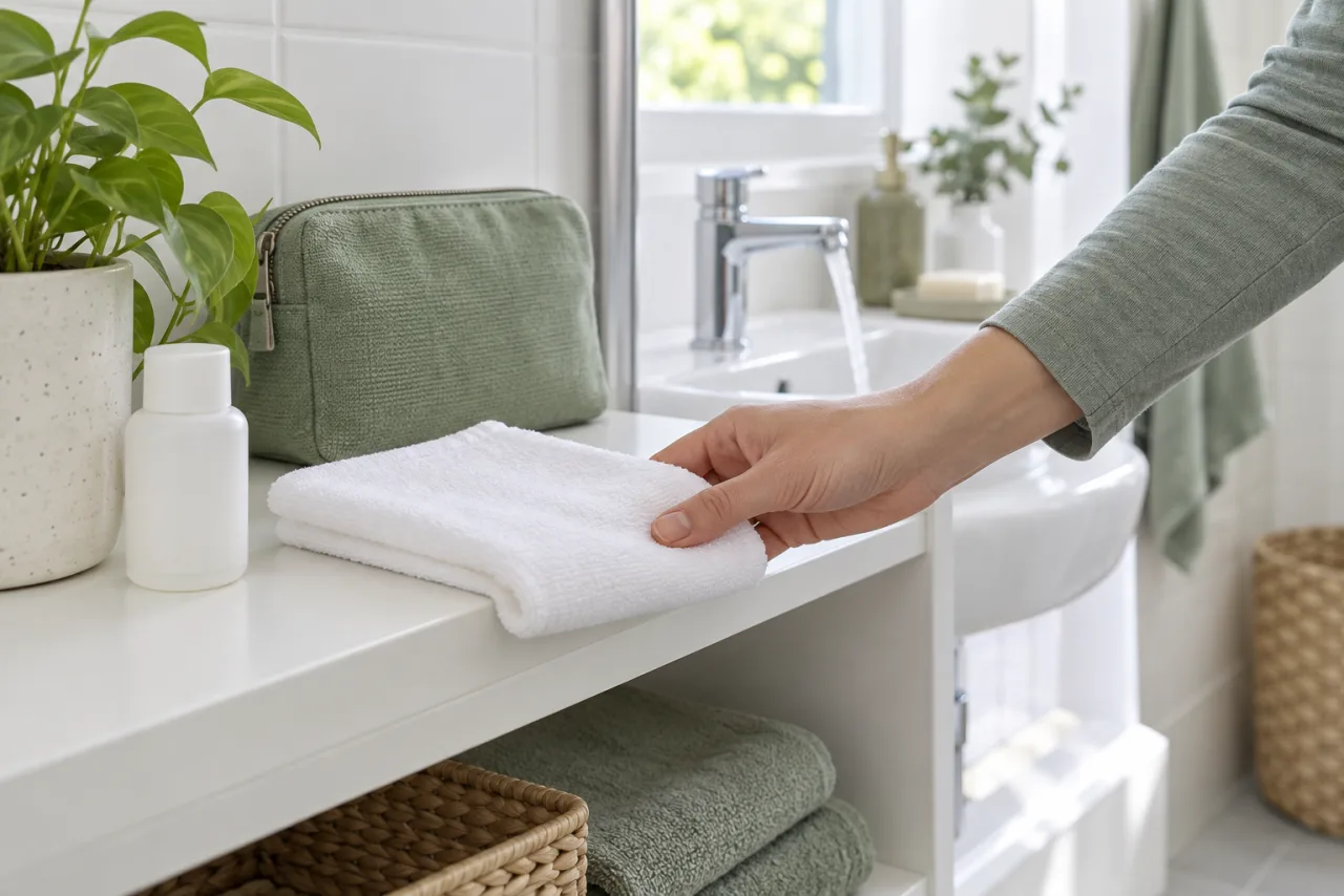 Una mano acomoda un paño limpio junto a un estuche en una repisa de baño.