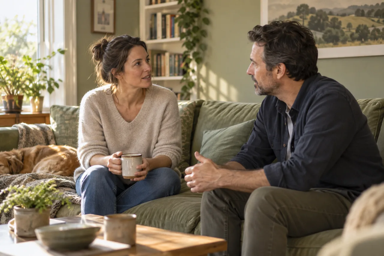 Dos personas adultas conversan con tranquilidad en su sala.