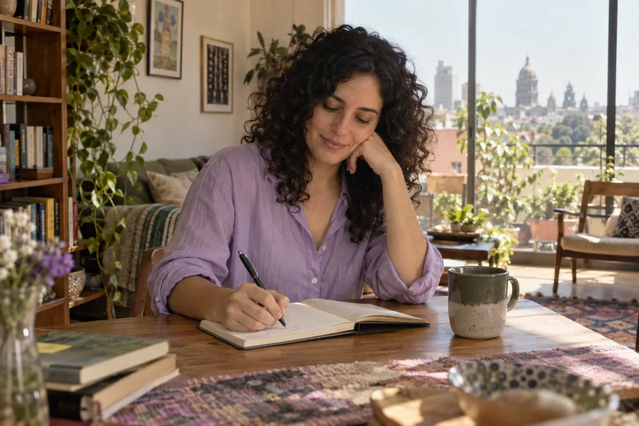 Una mujer adulta escribe en su cuaderno junto a una ventana.